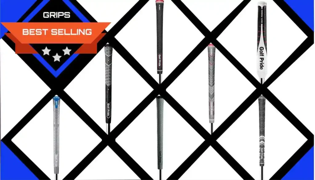 A selection of the best golf grips for arthritis, showcasing top-selling Golf Pride grips with a bold and modern design.