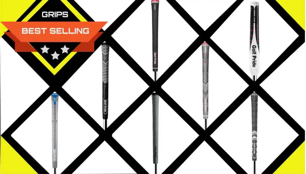 A selection of the best driver grips, featuring top-selling Golf Pride grips arranged in a stylish grid design.