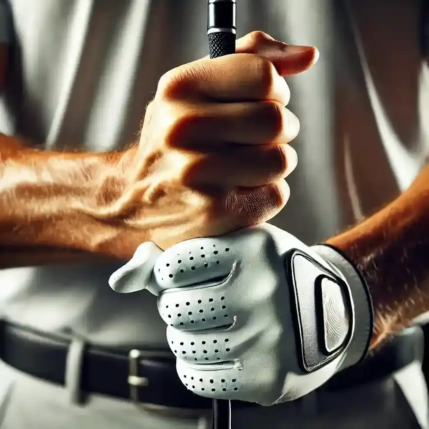 A close-up of a golfer's hands gripping a golf club using the ten-finger grip technique. The golfer's right hand, wearing a white golf glove, firmly holds the club, while the left hand overlaps slightly.