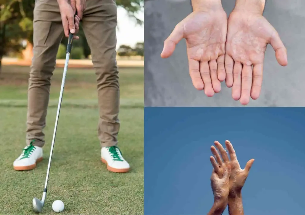 A golfer gripping a club on a golf course, alongside close-up images of sweaty palms and hands covered in chalk, demonstrating solutions for maintaining the best golf grip for sweaty hands.