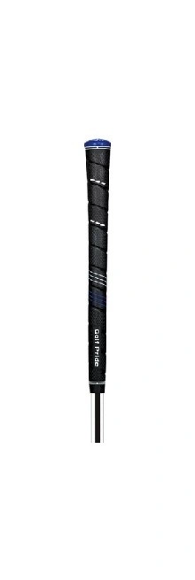 Golf Pride CP2 Pro Grip, a black golf grip with blue accents and a wrap-style texture, securely attached to a golf club shaft.