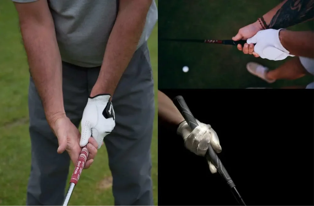 Close-up images of golfers gripping their clubs, showcasing different golf grip techniques for better control and performance.