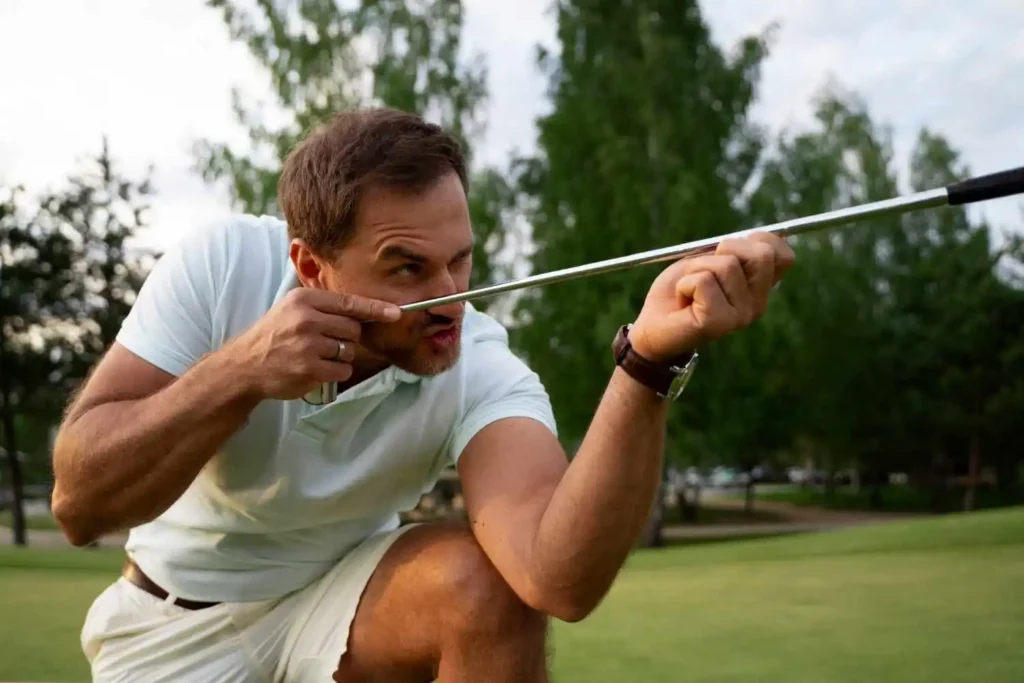 A golfer aligning his putt using the golf club on a scenic course, emphasizing precision and technique for improving performance with the best golf grips.