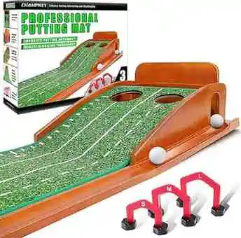 A professional-grade putting mat designed for precision practice, featuring an inclined ramp, dual holes, and alignment guides. Comes with adjustable putting gates to enhance accuracy. Ideal for golfers looking to refine their putting skills at home or in the office.