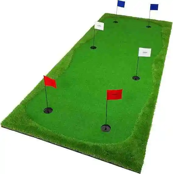 An outdoor putting green with realistic artificial turf, multiple hole placements, and color-coded flags for golf practice. The rectangular green features raised edges and a smooth surface, making it ideal for indoor or outdoor golf training.