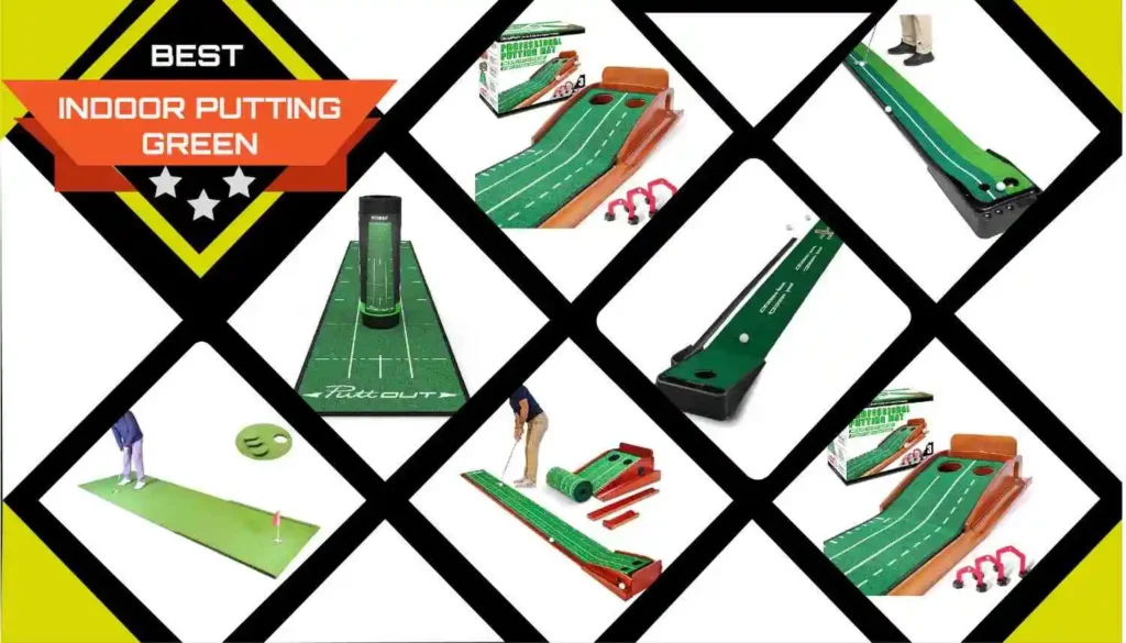 A collage of various indoor putting greens featuring different designs, materials, and functionalities for practicing golf indoors.