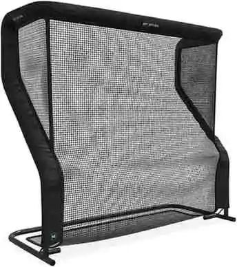 The image shows a black golf practice net with a sturdy frame, designed to catch and return golf balls efficiently. The netting is tightly woven and enclosed within a durable structure, making it ideal for indoor or outdoor golf training.