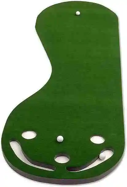 A kidney-shaped outdoor putting green with a smooth artificial turf surface, three practice holes, and built-in ball return channels. Ideal for indoor or outdoor golf training to improve putting accuracy.