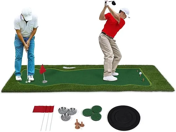 A 2-in-1 outdoor putting green with realistic artificial turf, designed for both putting and chipping practice. Two golfers demonstrate different strokes on the green, which includes flags, holes, and additional accessories. Ideal for improving short-game skills at home.