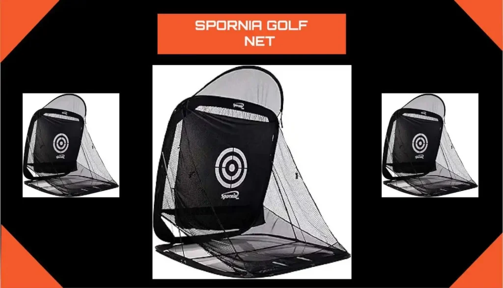 Spornia Golf Net - Black pop-up golf practice net with a target in the center. Sturdy frame and netting designed for indoor and outdoor golf training. Featured in a modern black and orange design layout.