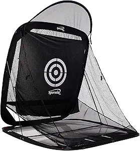 Spornia Golf Net - Compact black golf practice net with a built-in target. Features a sturdy frame and durable netting, ideal for indoor and outdoor training.