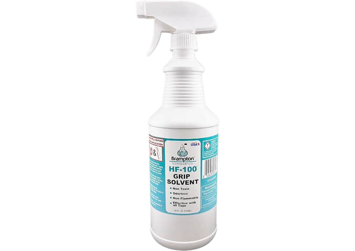 A bottle of Brampton HF-100 Grip Solvent with a spray nozzle, featuring a non-toxic, odorless, and non-flammable formula for safe and effective golf grip installation.