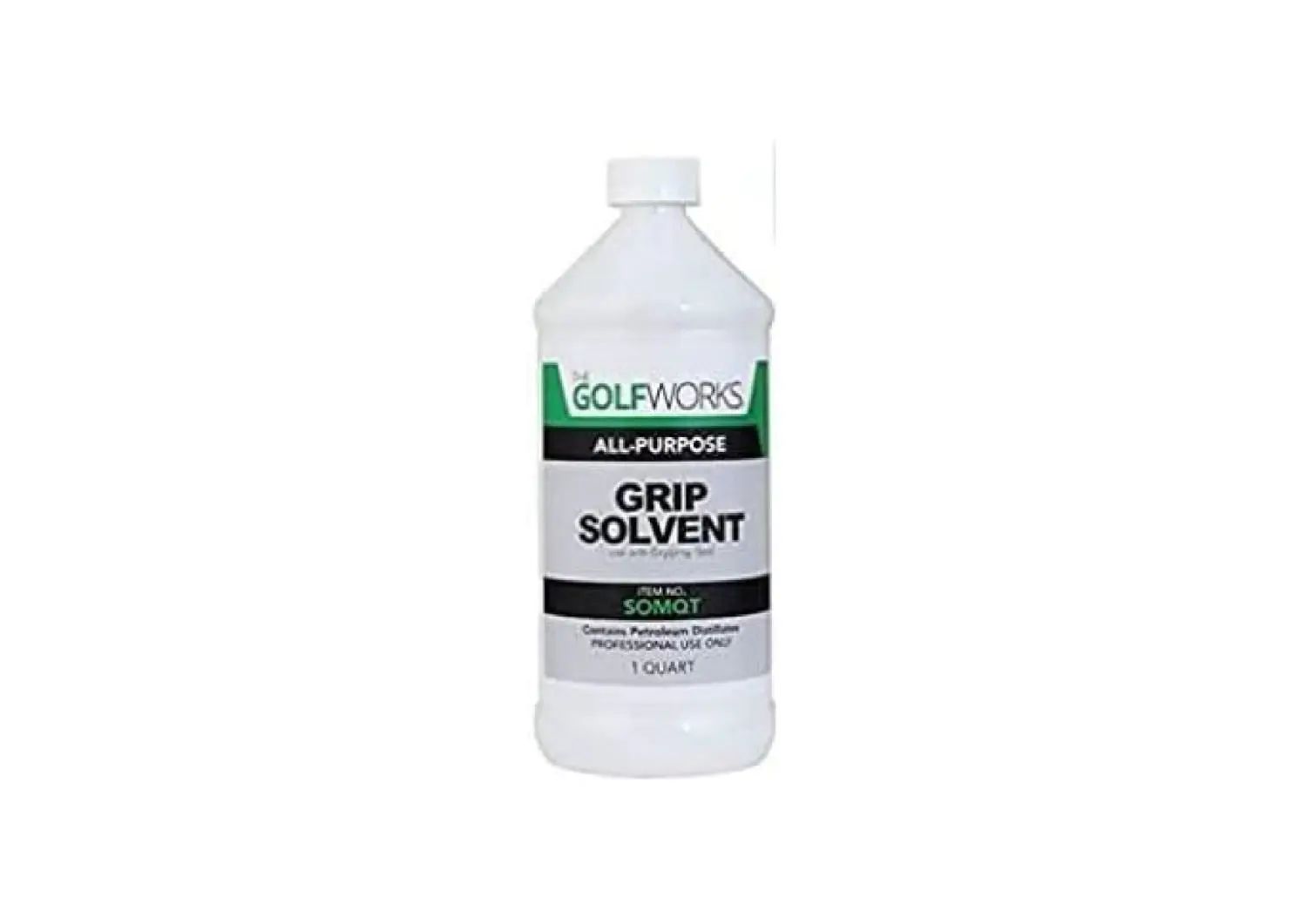 A bottle of GolfWorks All-Purpose Grip Solvent, designed for installing golf grips with a fast-drying, professional-grade formula.