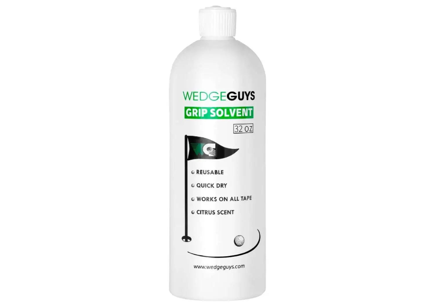 A bottle of Wedge Guys Grip Solvent, featuring a quick-dry, reusable formula with a citrus scent, designed for easy golf grip installation.