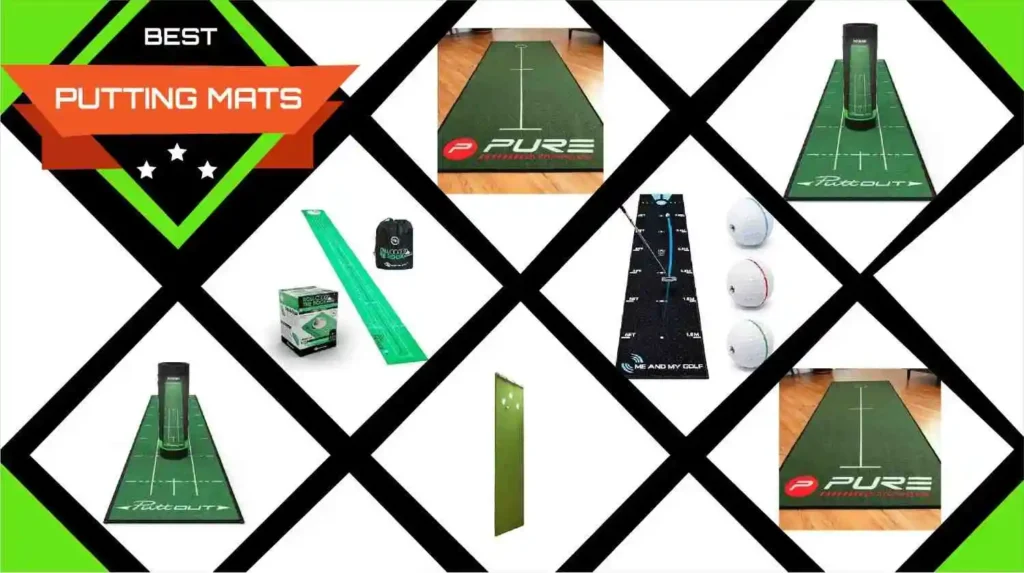 Collage of top-rated golf putting mats featuring popular brands like Pure and PuttOUT – Best Putting Mats