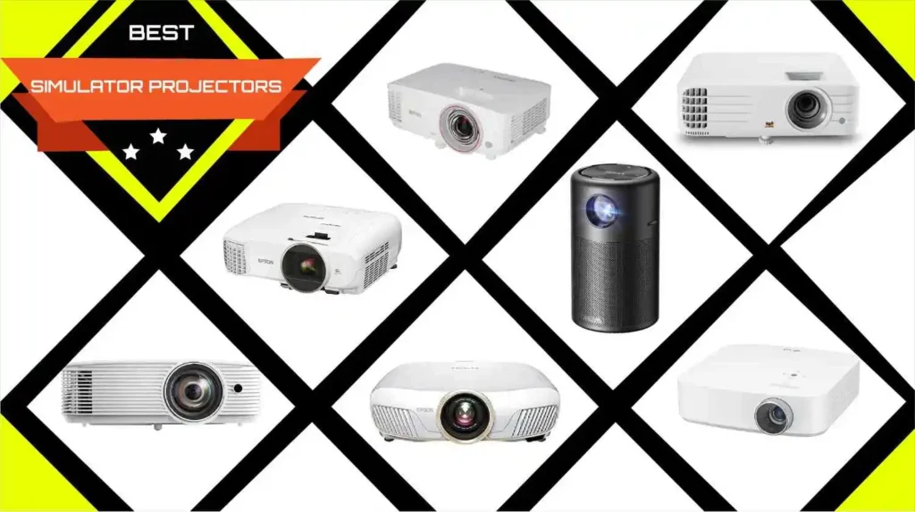 Collage of seven different projectors labeled as the best golf simulator projectors.