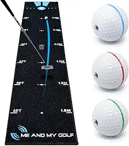Breaking Ball Putting Mat for golf practice with alignment guides and training balls.