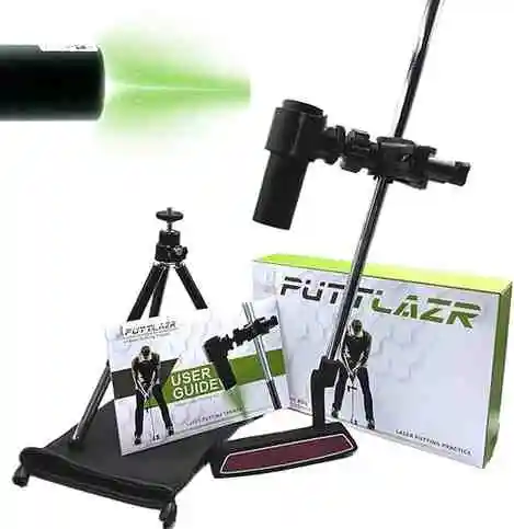 This image features a GreenLine Indoor Golf Putting Trainer, displaying the product's components. These include a laser alignment tool, a putting track, and a user guide, all set against a white background.