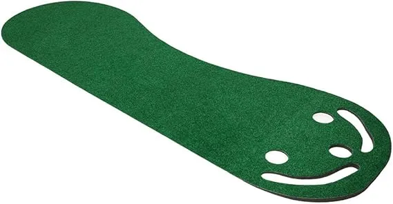 A green, kidney-shaped indoor putting green with three white circular holes. Sources and related content