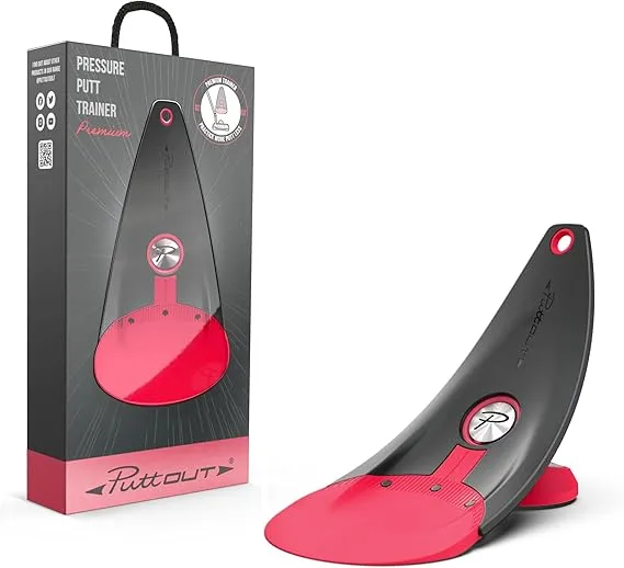 This image displays a PuttOut Premium Pressure Putt Trainer, a golf putting aid designed to improve accuracy and pace. The trainer features a parabolic curve that returns good putts and a smaller target for advanced practice.
