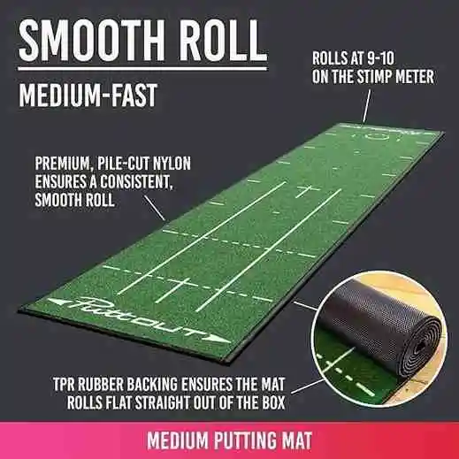 Image showcasing the PuttOut Medium Putting Mat, highlighting its "Smooth Roll" medium-fast speed, premium pile-cut nylon, TPR rubber backing for a flat lay, and a stimp meter reading of 9-10.