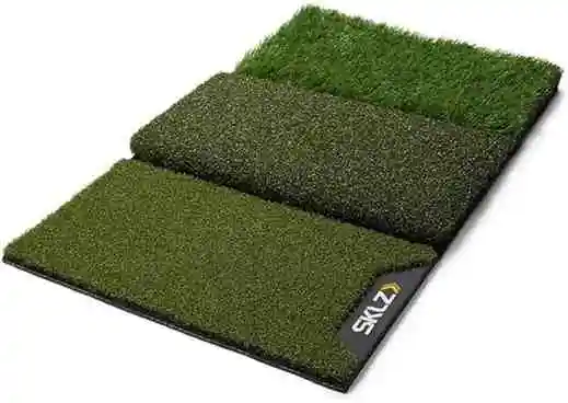 An SKLZ golf mat featuring three different turf sections. Sources and related content