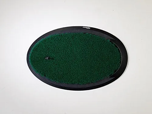 Fiberbuilt Flight Deck Golf Mat. The image shows a green, oval-shaped golf hitting mat with a black base.