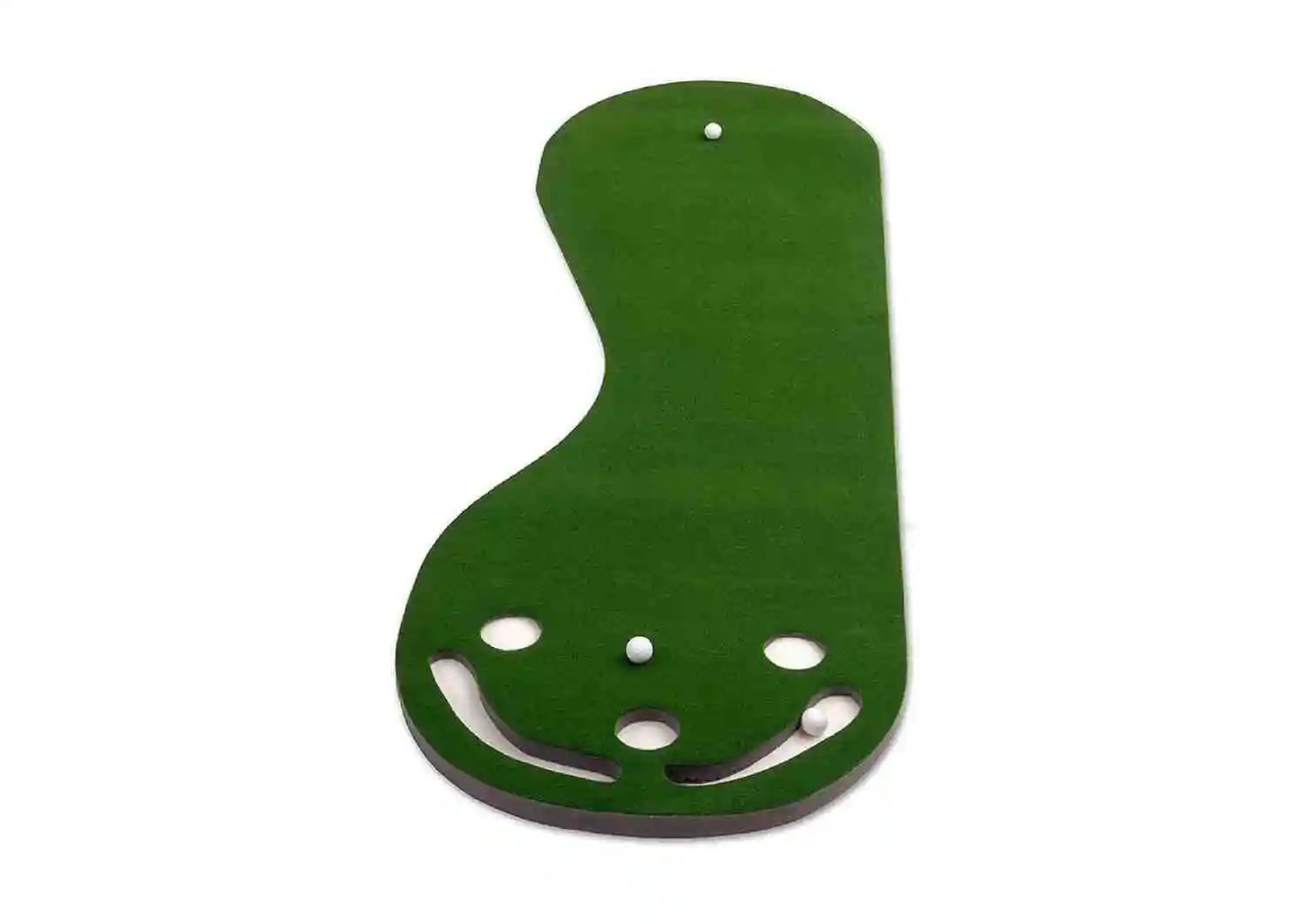 A green, kidney-shaped indoor putting green with three white circular holes at the top and the white "SKLZ" logo with a right-pointing arrow at the bottom. Sources and related content.