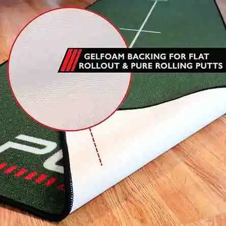 Detail of a green putting mat revealing its white gel foam backing designed for a flat and pure roll.