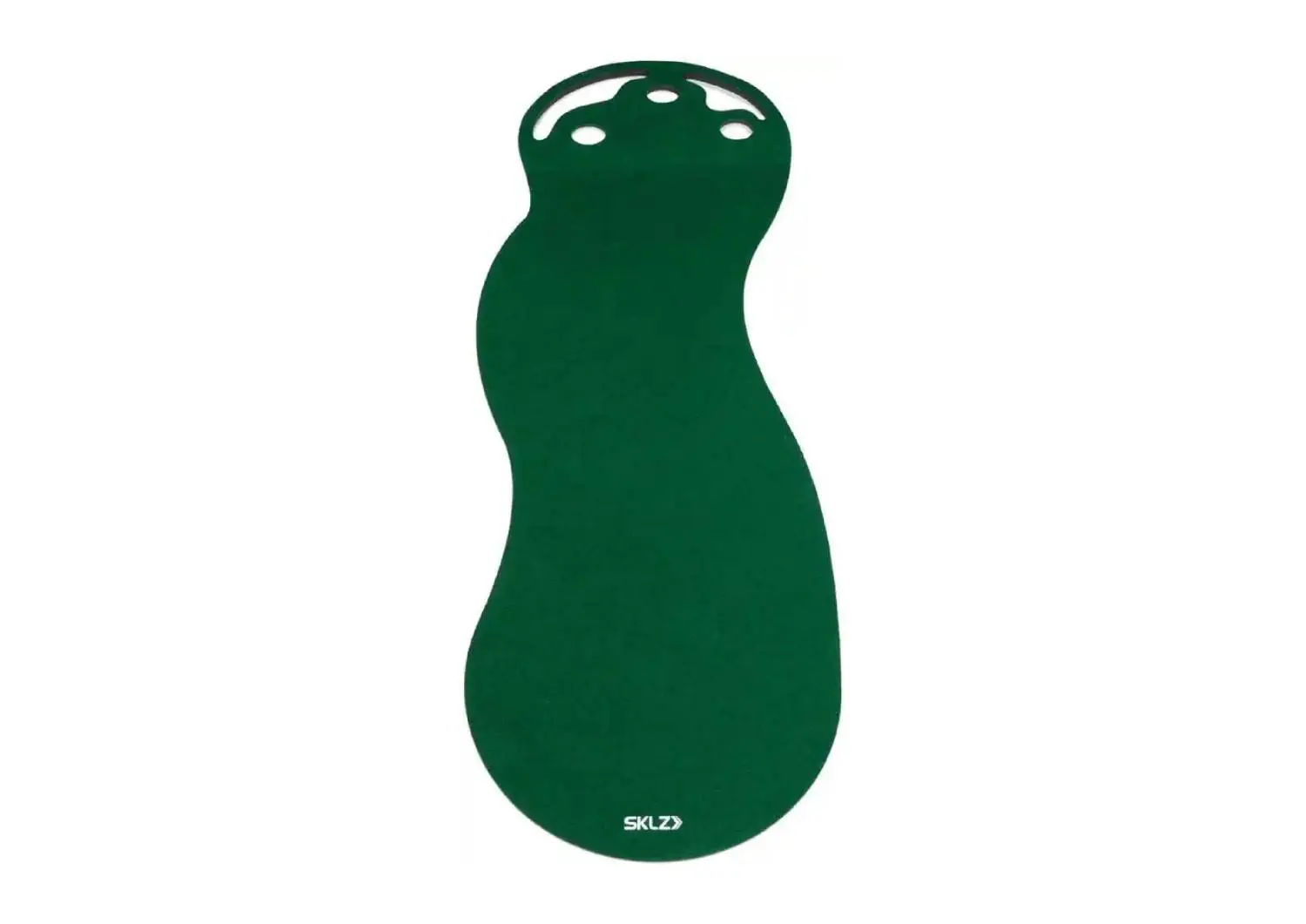 A green, kidney-shaped indoor putting green with three white circular holes at the top and the white "SKLZ" logo with a right-pointing arrow at the bottom.