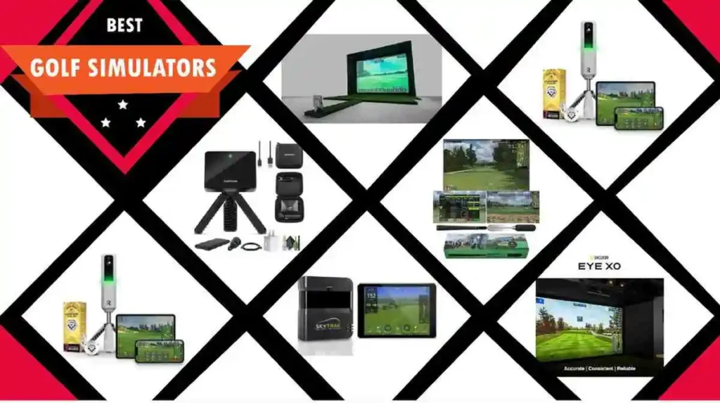 A collage of the best golf simulator setups for home use, showcasing various launch monitors, screens, and software interfaces.